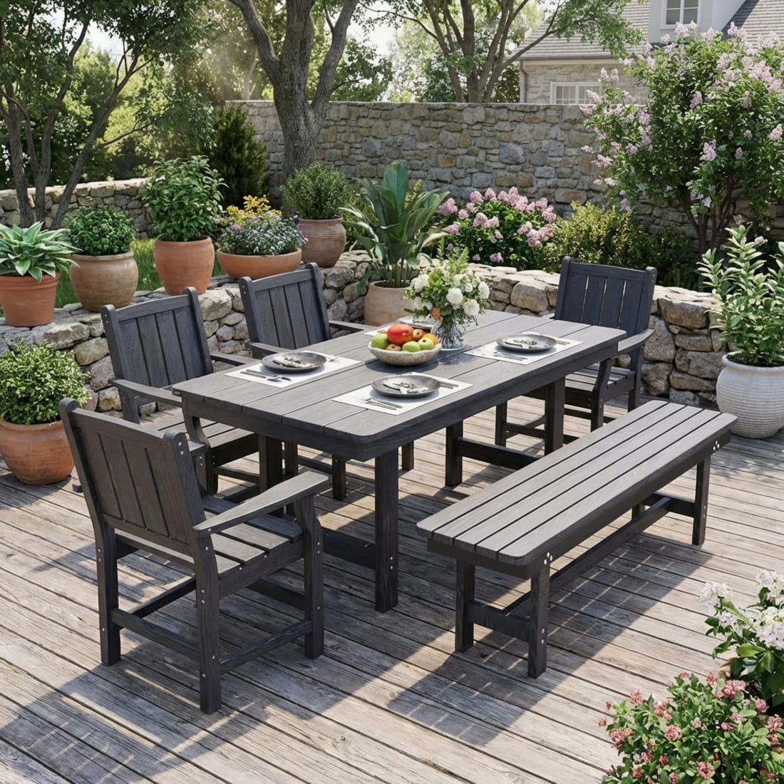 7-Piece HDPE Outdoor Dining Table and Chairs with Umbrella Hole - Multiple Sizes, 2 Colors