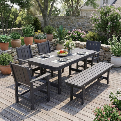 7-Piece HDPE Outdoor Dining Table and Chairs with Umbrella Hole - Multiple Sizes, 2 Colors