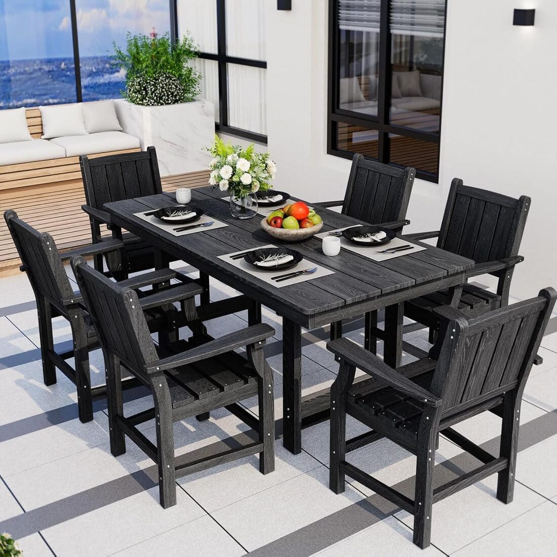 7-Piece HDPE Outdoor Dining Table and Chairs with Umbrella Hole - Multiple Sizes, 2 Colors