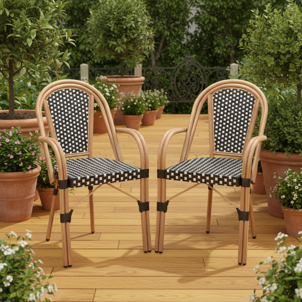 Hand-Woven French Bistro Style Indoor/Outdoor Dining Chairs - Set of 2 in Blue or Black