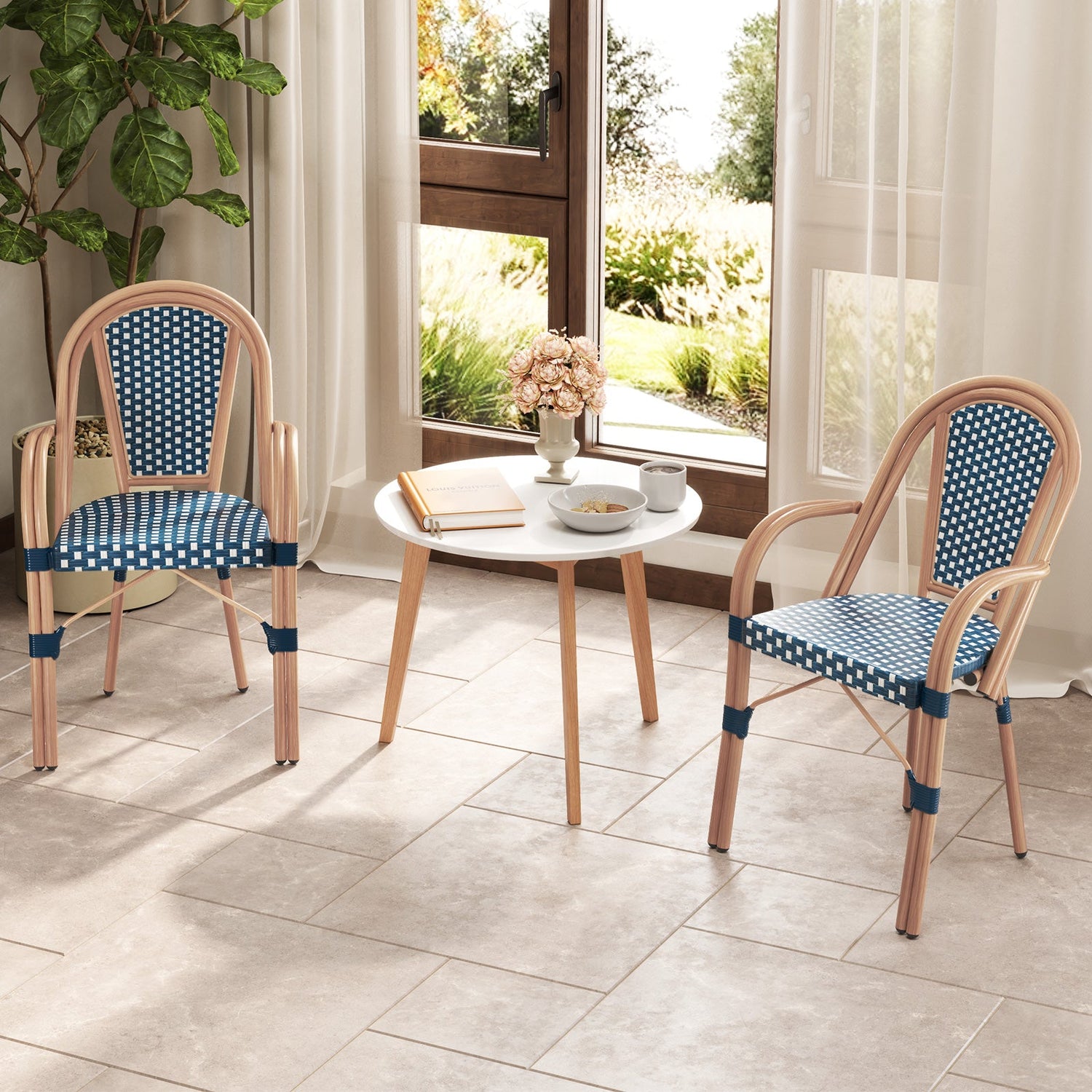 Hand-Woven French Bistro Style Outdoor Dining Chairs - Set of 2 in Blue or Black