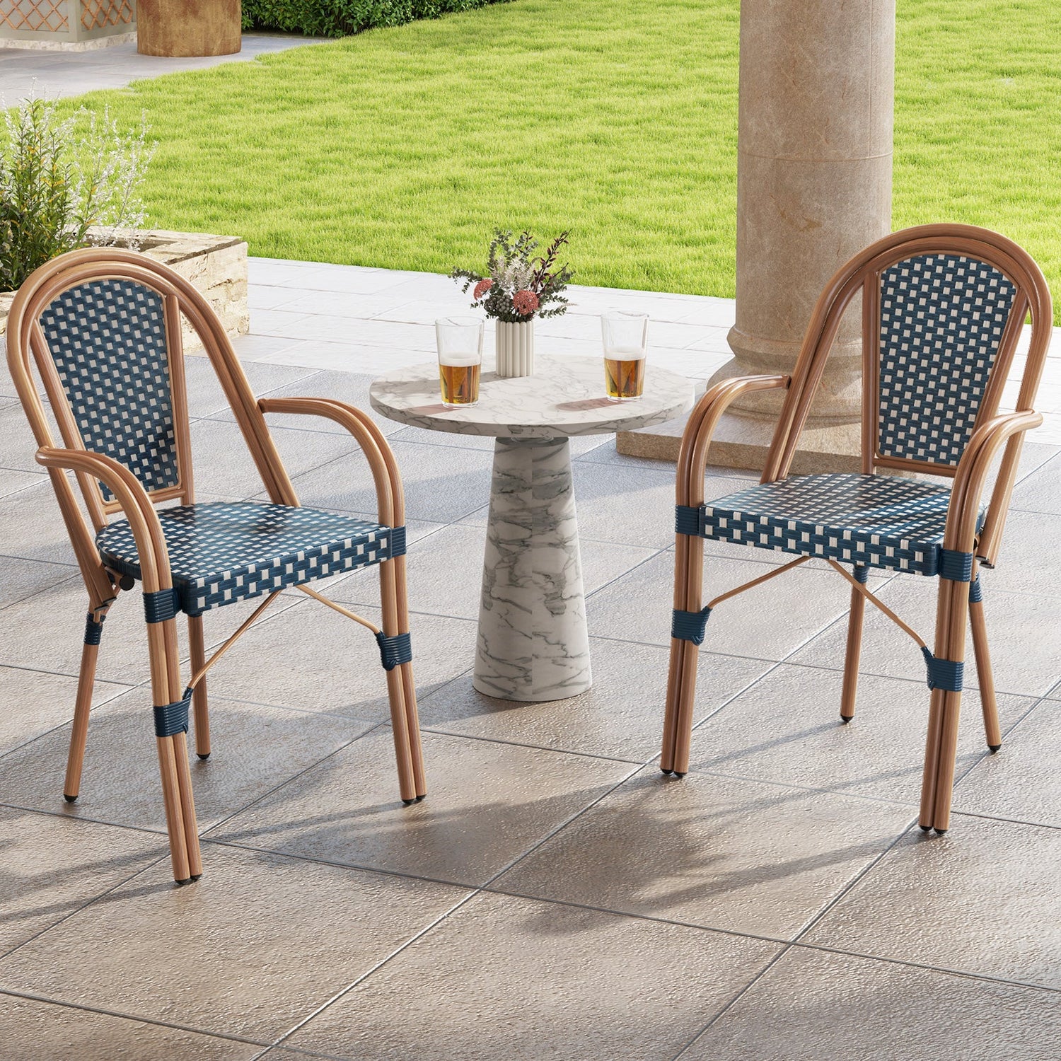 Hand-Woven French Bistro Style Outdoor Dining Chairs - Set of 2 in Blue or Black