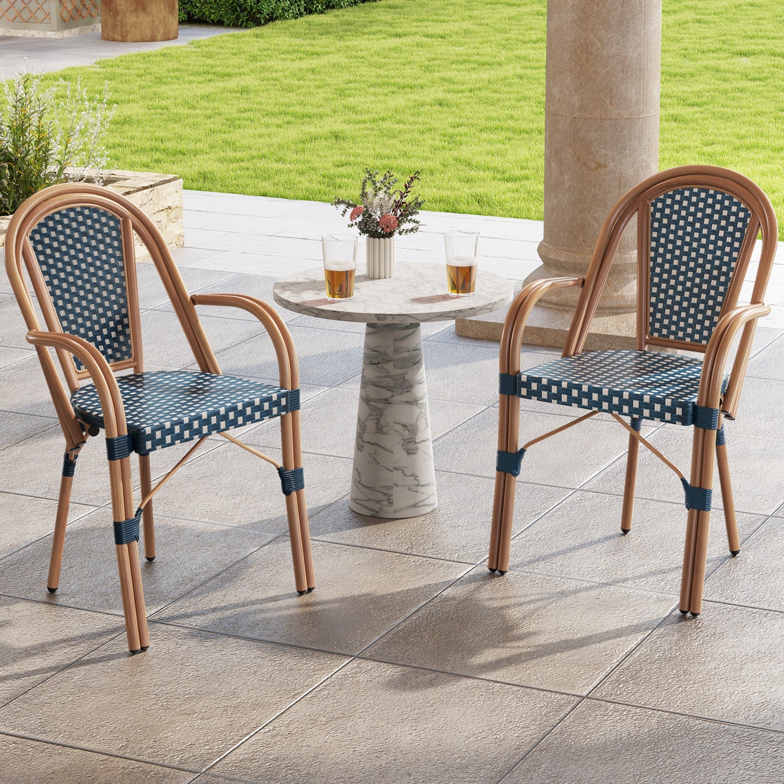 Hand-Woven French Bistro Style Outdoor Dining Chairs - Set of 2 in Blue or Black