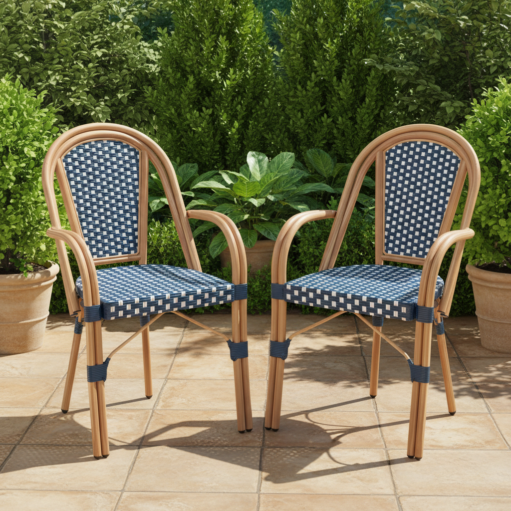 Hand-Woven French Bistro Style Indoor/Outdoor Dining Chairs - Set of 2 in Blue or Black