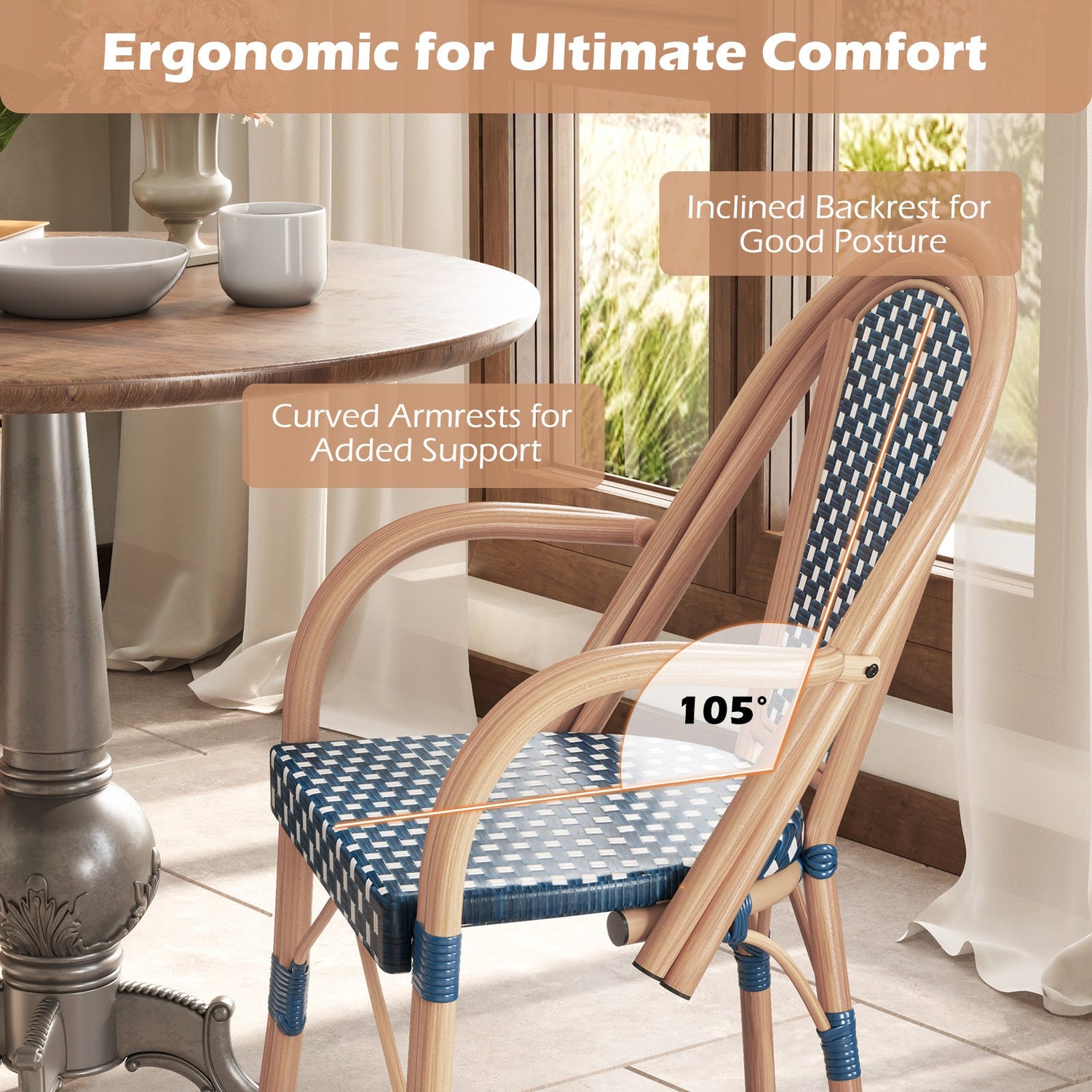 Hand-Woven French Bistro Style Outdoor Dining Chairs - Set of 2 in Blue or Black