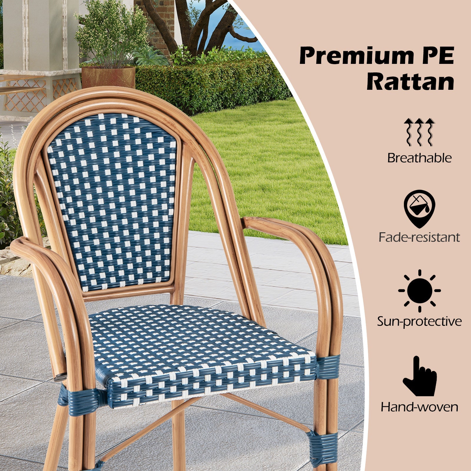 Hand-Woven French Bistro Style Outdoor Dining Chairs - Set of 2 in Blue or Black