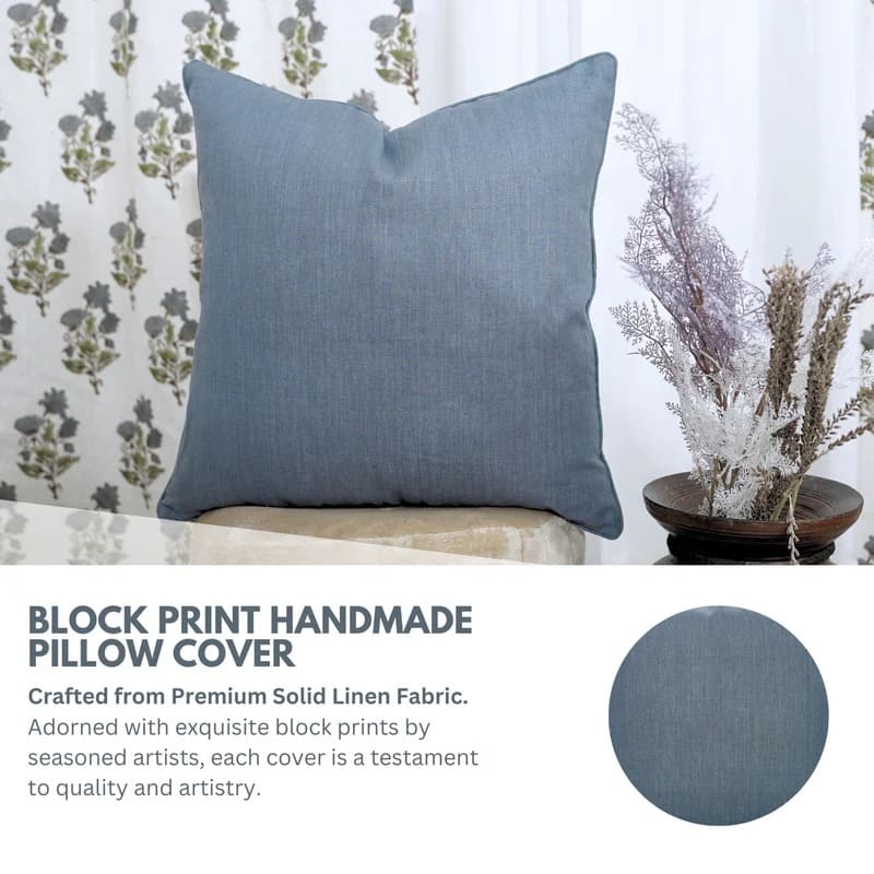 Handcrafted Solid Blue Linen Pillow Cover