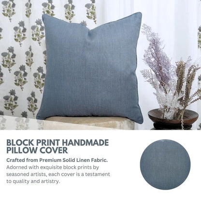 Handcrafted Solid Blue Linen Pillow Cover
