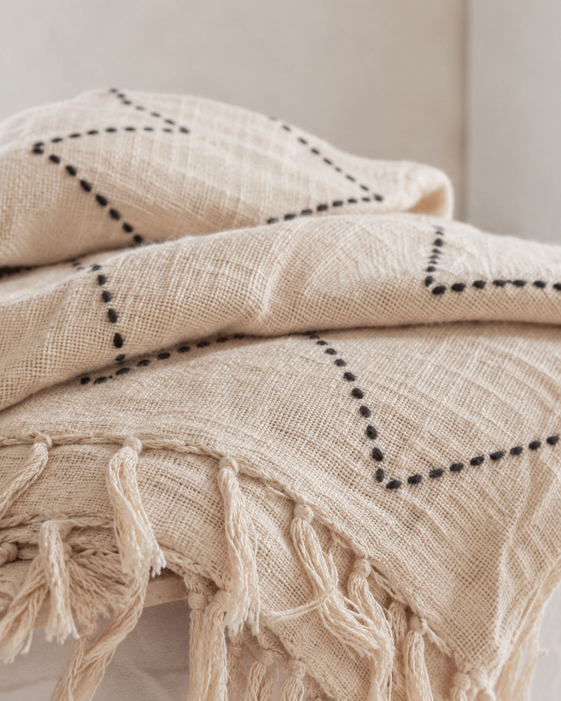 Hand Loomed Cotton Blanket in Black Motif