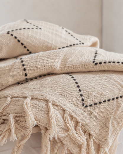 Hand Loomed Cotton Blanket in Black Motif