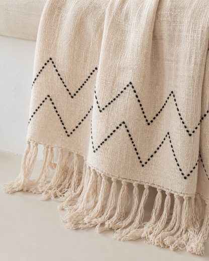 Hand Loomed Cotton Blanket in Black Motif