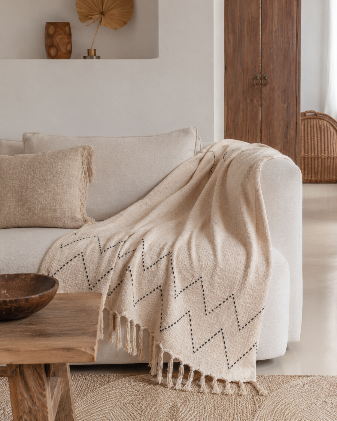 Hand Loomed Cotton Blanket in Black Motif