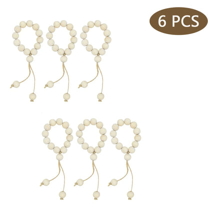 Natural Wood Bead Napkin Rings With Tassels - 6 Pc Set