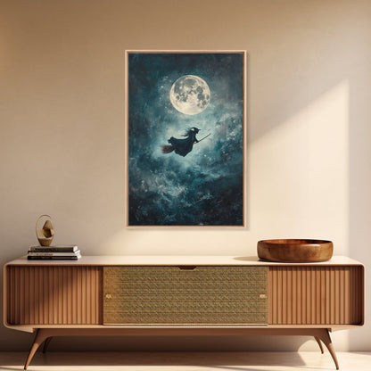 Witch Riding Under a Full Moon - Framed Canvas Print