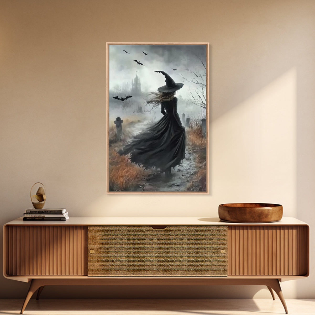 Gothic Witch in a Grave Yard Framed Canvas Print