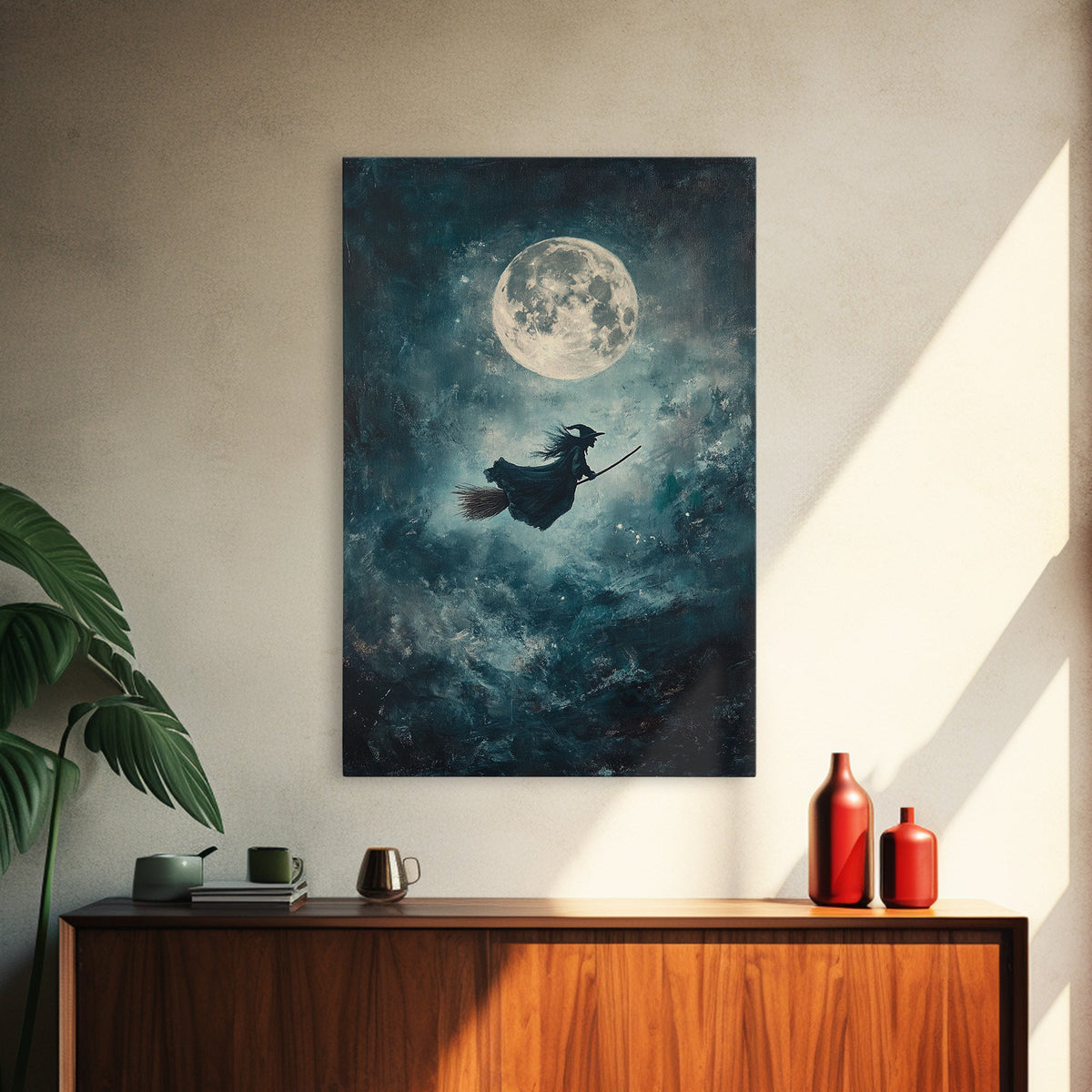 Witch Riding Under a Full Moon - Framed Canvas Print