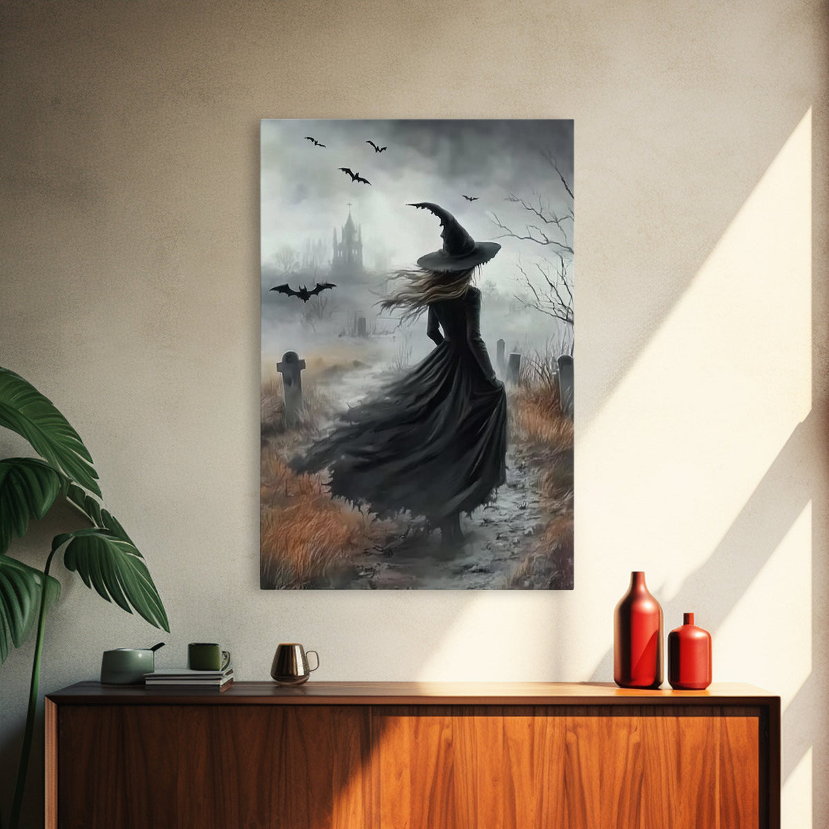 Gothic Witch in a Grave Yard Framed Canvas Print