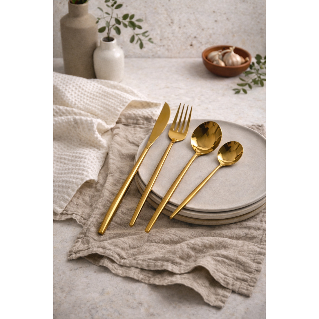 Modern Sleek Gold Flatware, Set of 16 Pre-Order