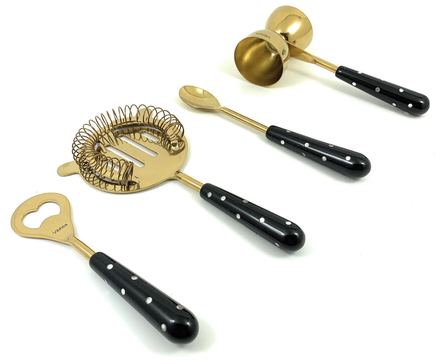 4 Piece Bar Tool Set in Black and Gold Polka Dot