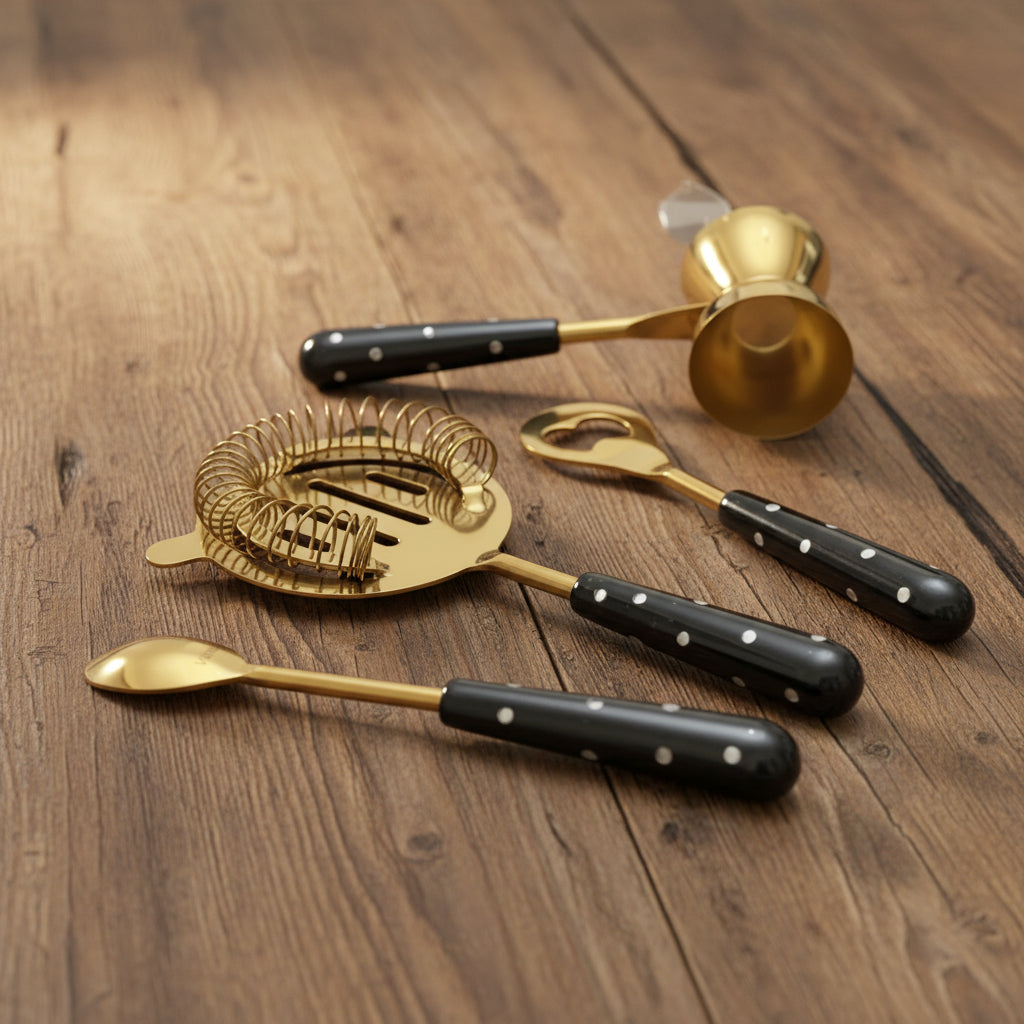 4 Piece Bar Tool Set in Black and Gold Polka Dot
