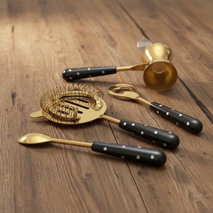 4 Piece Bar Tool Set in Black and Gold Polka Dot
