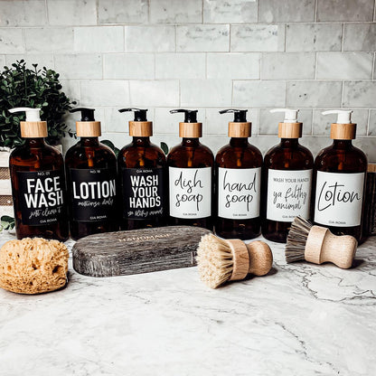 16oz Soap Bottles- Glass Amber|White Label