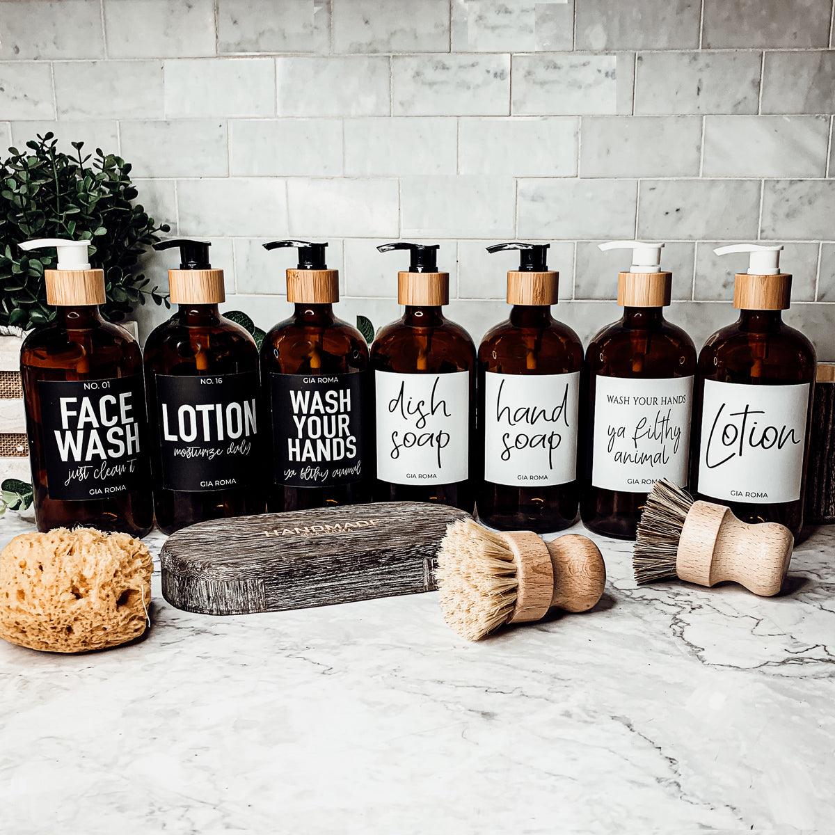 16oz Soap Bottles - Glass Amber|Black Label