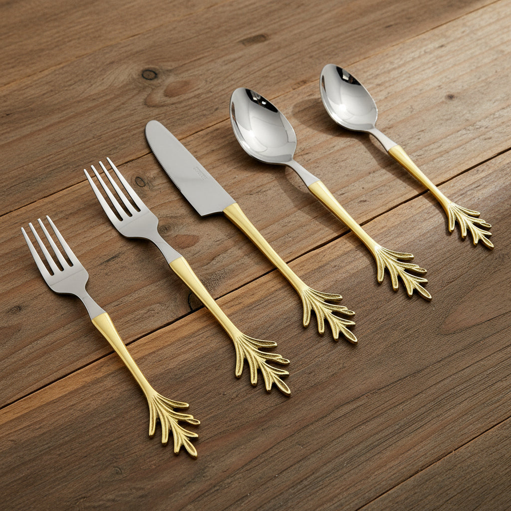 Leaf Design Gold/Stainless Steal Flatware - 20 Pc Set