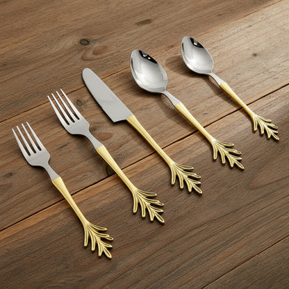 Leaf Design Gold/Stainless Steal Flatware - 20 Pc Set
