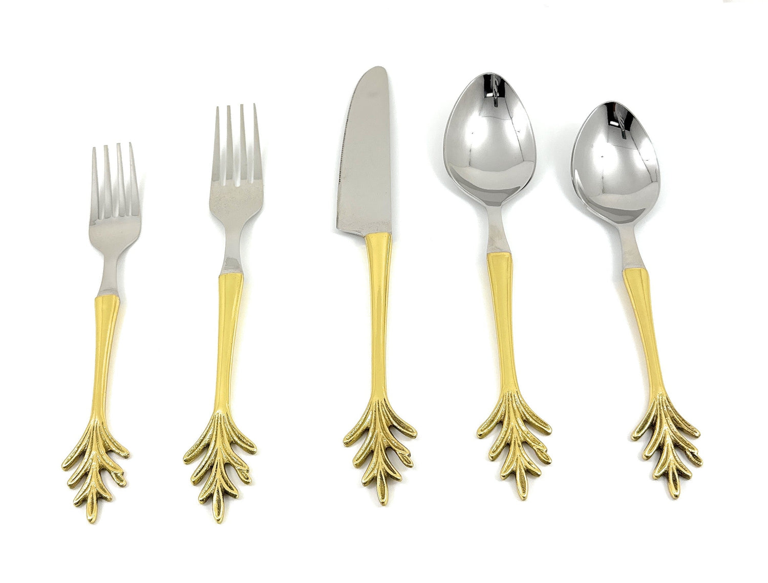 Leaf Design Gold/Stainless Steal Flatware - 20 Pc Set