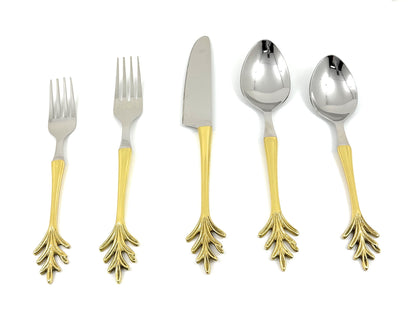 Leaf Design Gold/Stainless Steal Flatware - 20 Pc Set