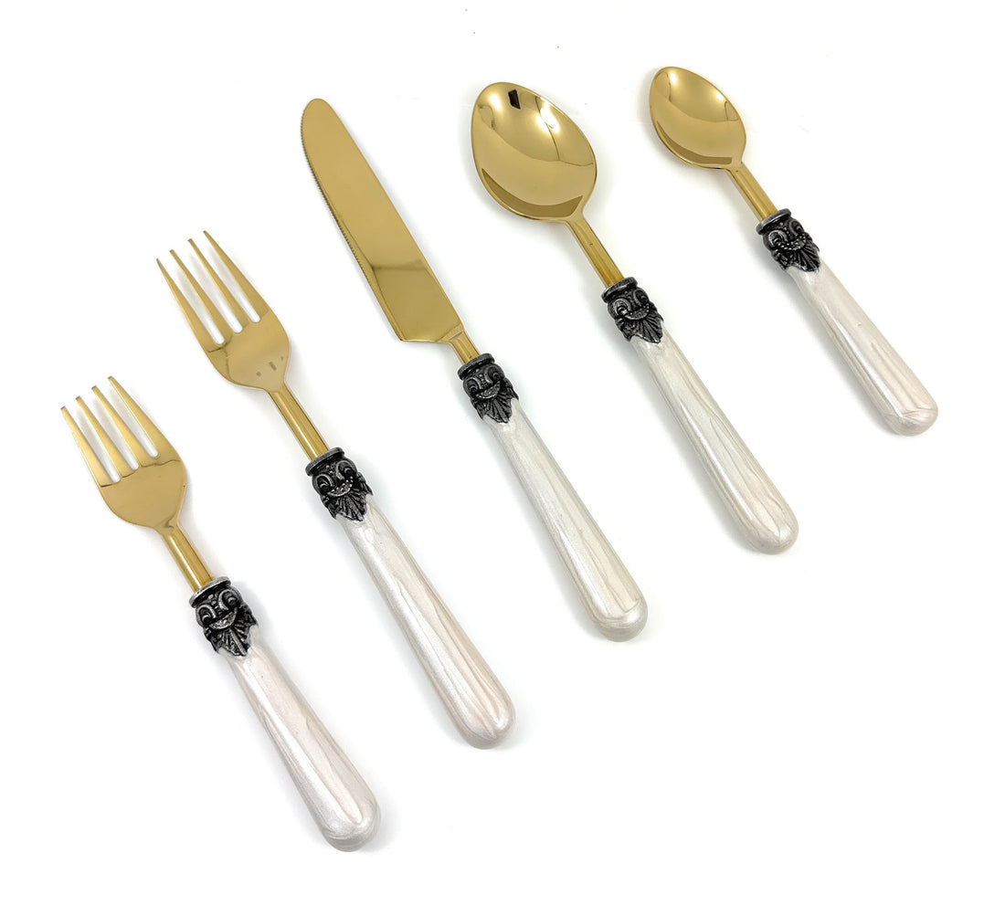 Antique Style White Resin Handle Flatware - 20 Pc Set