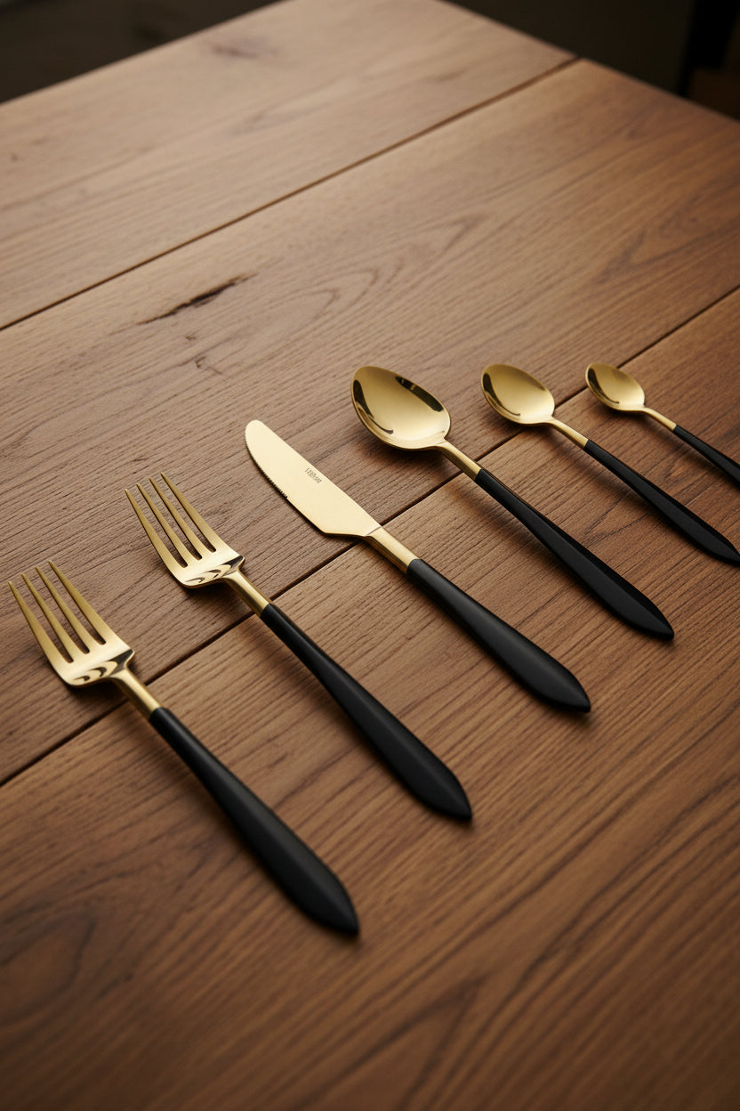 Matte Black and Gold Flatware - Set of 20