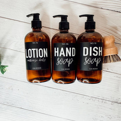 16oz Soap Bottles - Glass Amber|Black Label