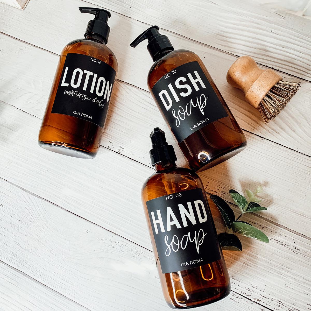 16oz Soap Bottles - Glass Amber|Black Label