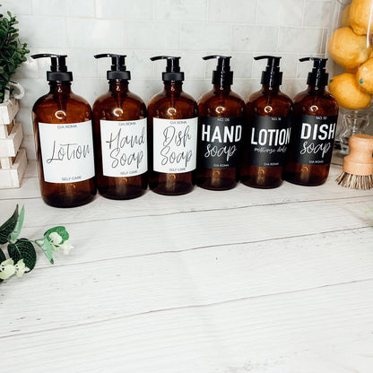16oz Soap Bottles - Glass Amber|Black Label