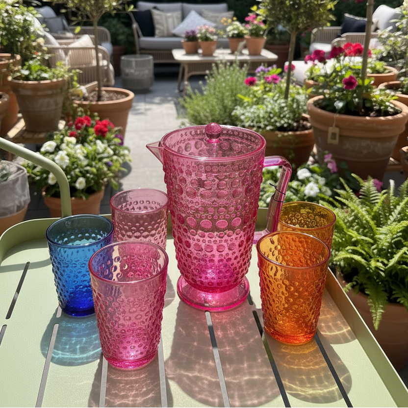 2 Quart Pink Acrylic Footed Pitcher with Lid &amp; Raised Dots
