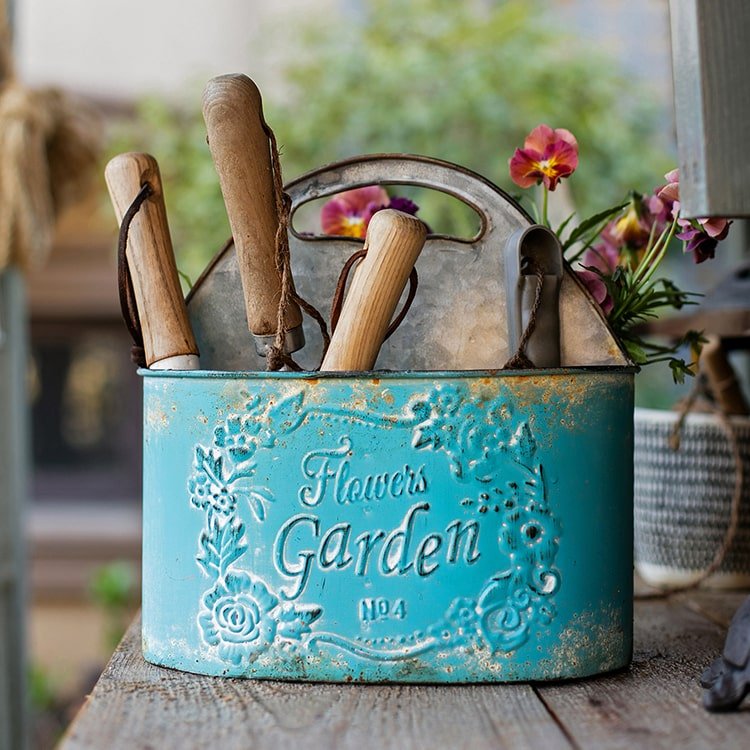 Blue Metal Basket Tool Organizer/Flower Planter