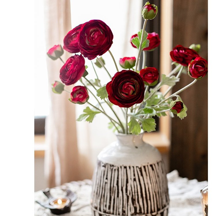 Faux Silk Artificial Buttercup Flower Bundle in Red Burgundy - 21"