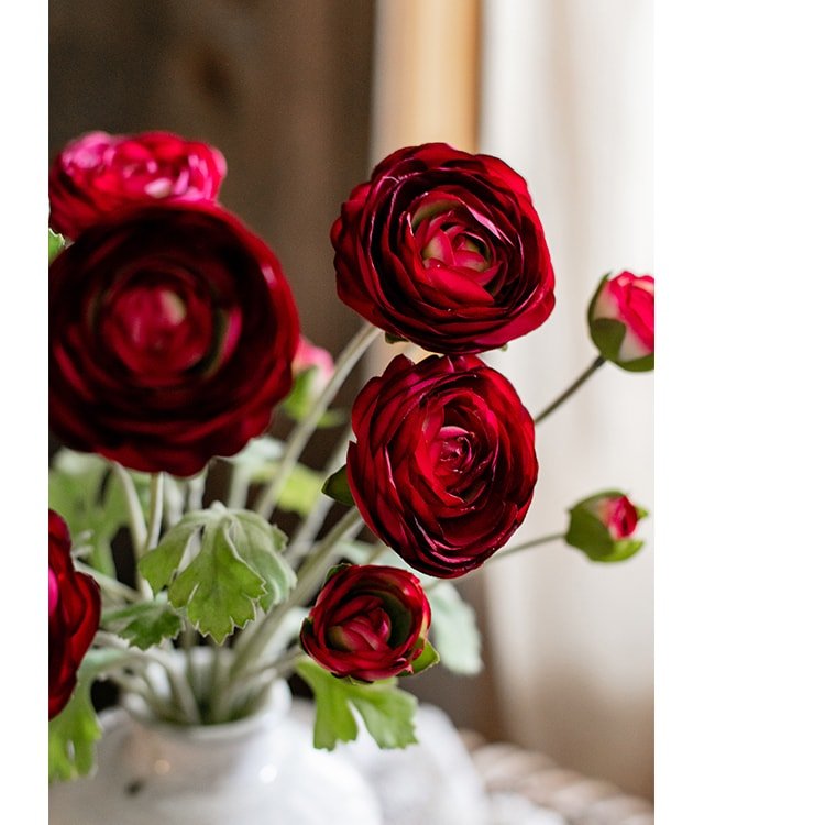 Faux Silk Artificial Buttercup Flower Bundle in Red Burgundy - 21"