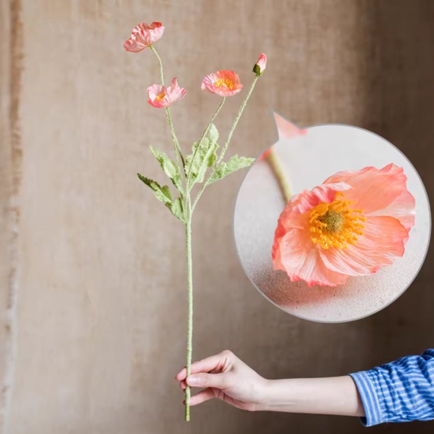 Faux Silk Silk Common Poppy Flower Stem in Pink or White - 22"