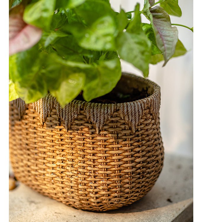 Lady Faux Straw Basket Cement Planters