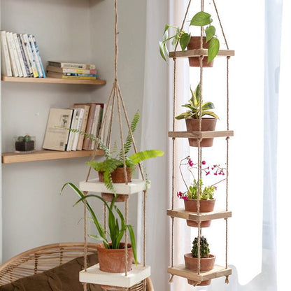 Wooden Rope Hanging Plant Shelf