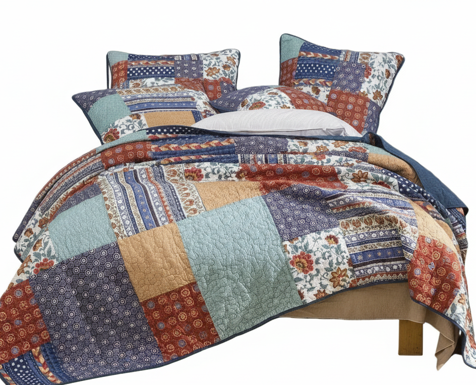 Boho Vibes Mediterranean Blue Patchwork Quilted Bedding