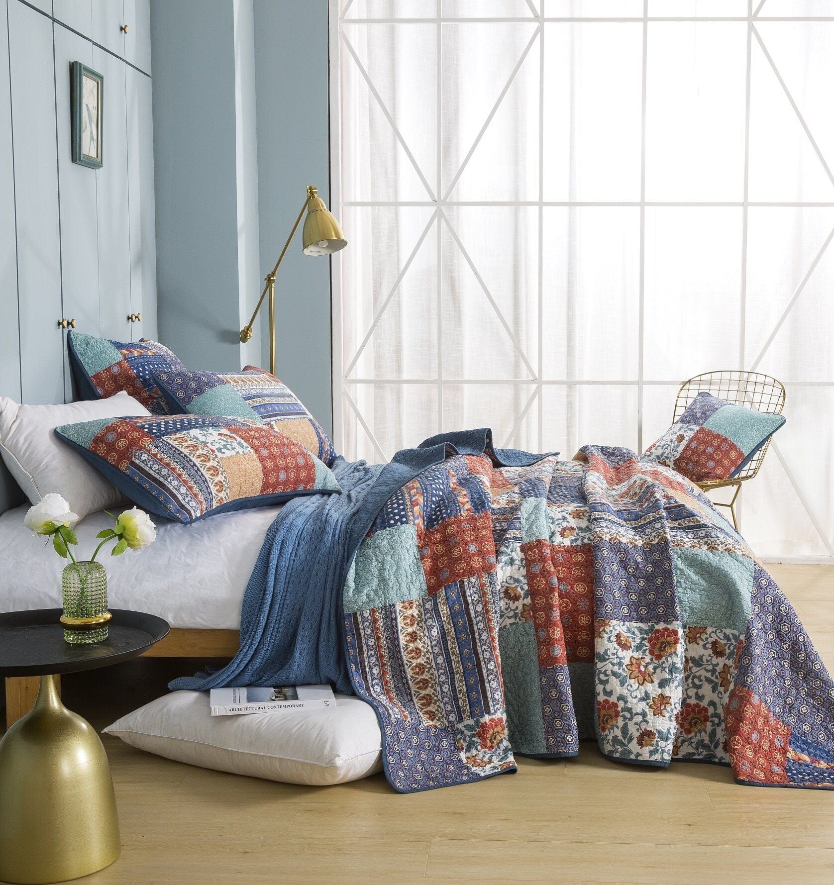 Boho Vibes Mediterranean Blue Patchwork Quilted Bedding