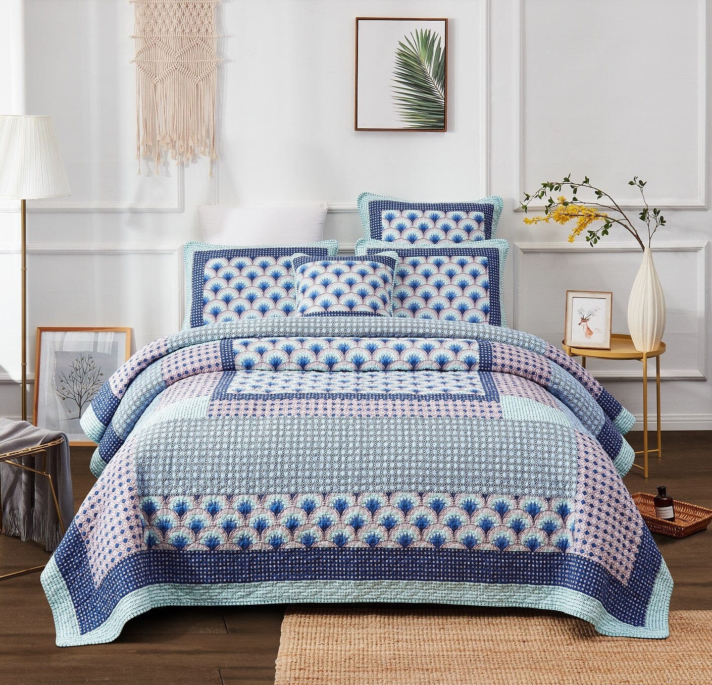 DaDa Bedding Mediterranean Blue Mint Patchwork Quilt Set