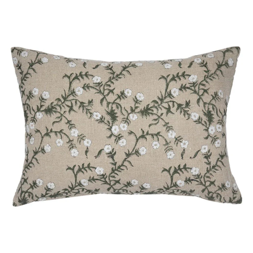 Jameera Linen Floral Throw Pillow Cover -  Olive on Natural