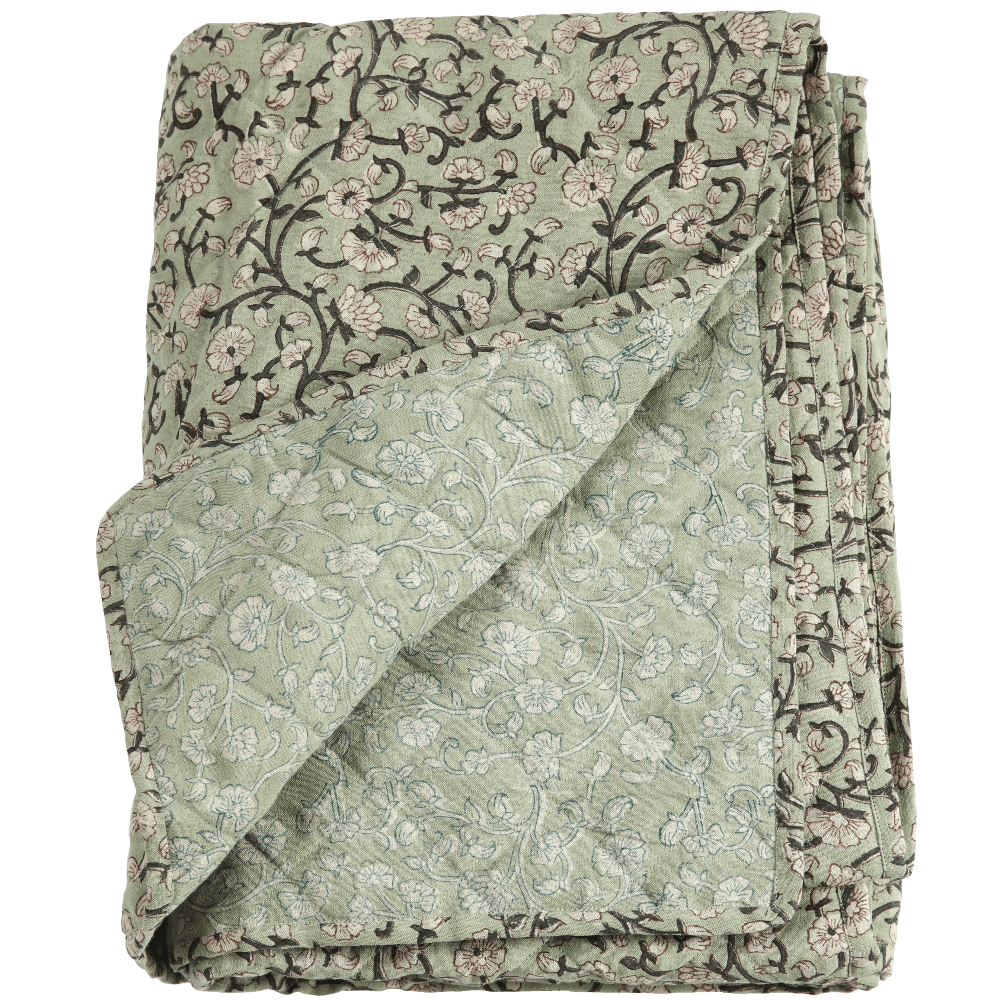 Keya Linen &amp; Cotton Block Print Quilted Coverlet