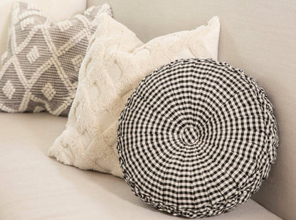 Gingham Check Yarn Dyed Pleated Round Pillow