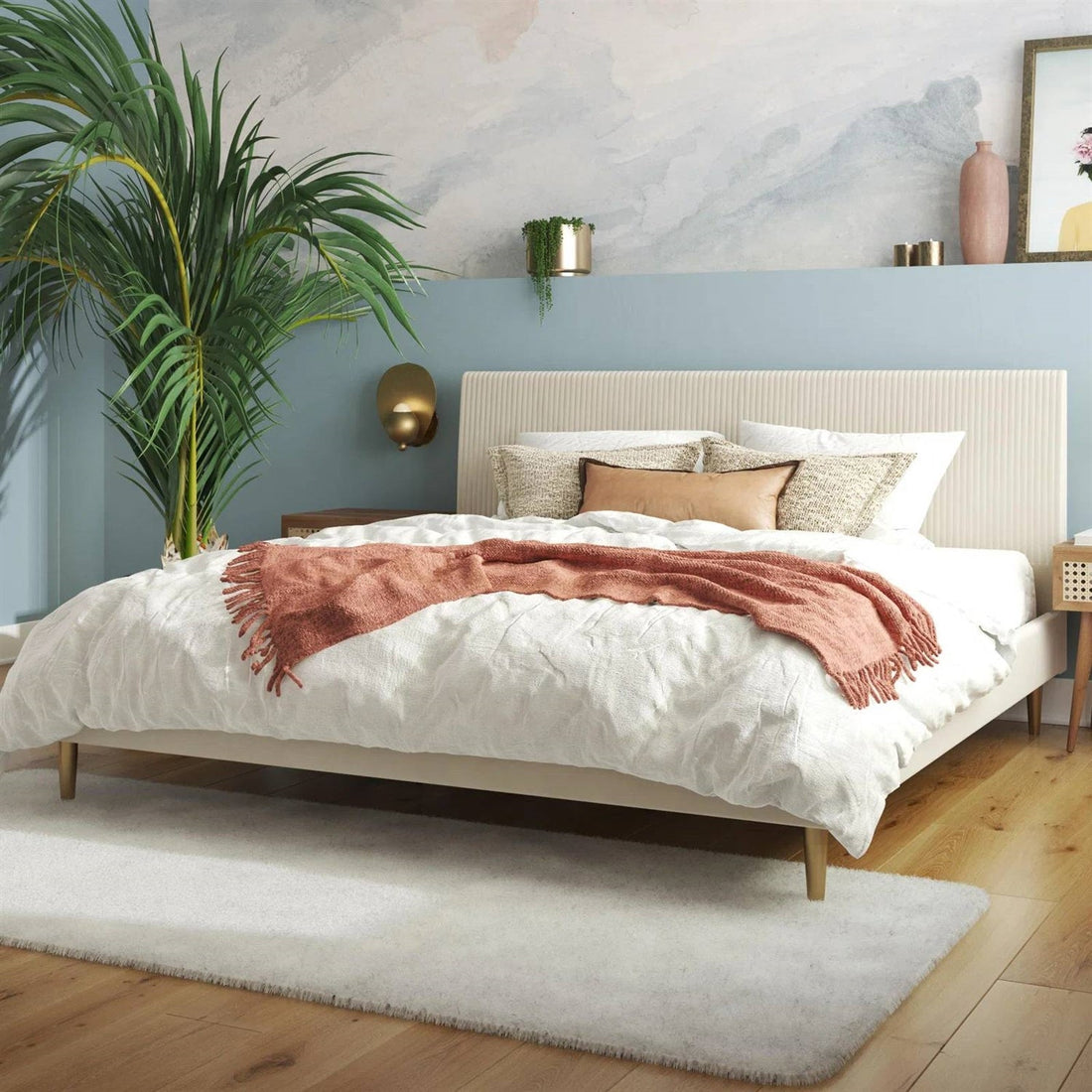 King Mid-Century Off-White Velvet Upholstered Platform Bed Frame with Headboard